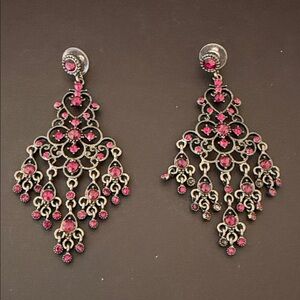 Glamorous Ruby Red and  dark silver Chandelier pierced Earrings